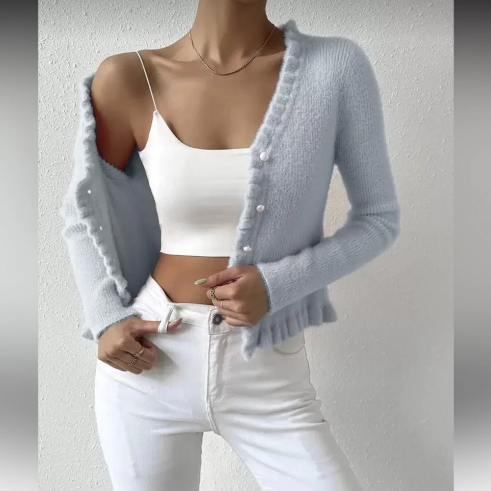 Soft Knit V-Neck Cardigan - Light Blue - Picture 7 of 7